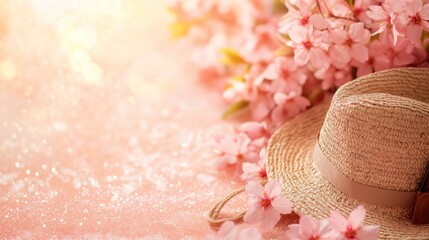 Picnic Under Sakura, a charming outdoor scene featuring a vibrant picnic setup, adorned with a straw hat and bag, surrounded by delicate pink cherry blossom petals.