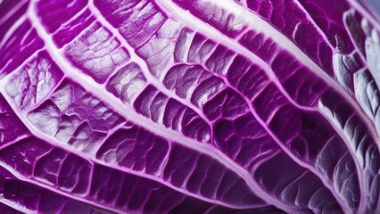 Obraz premium Close-up of a vibrant purple cabbage leaf with white veins, creating a textured and abstract background.