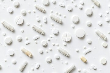 White pills and capsules scattered on a white background.