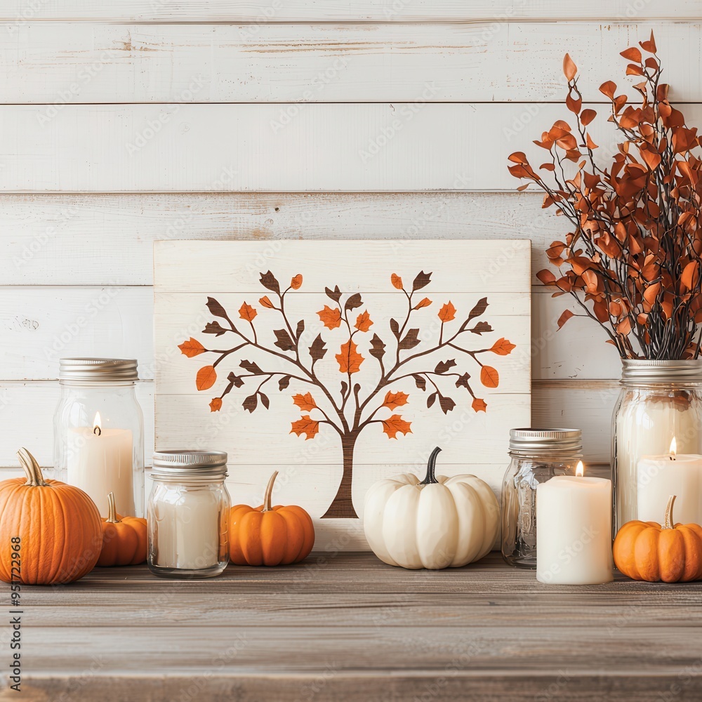 Poster Fall Autumn Decor With Pumpkins, Candles and Dried Branches.