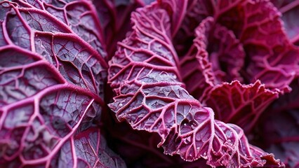 Close-up of a vibrant purple cabbage with intricate veins and a textured surface.