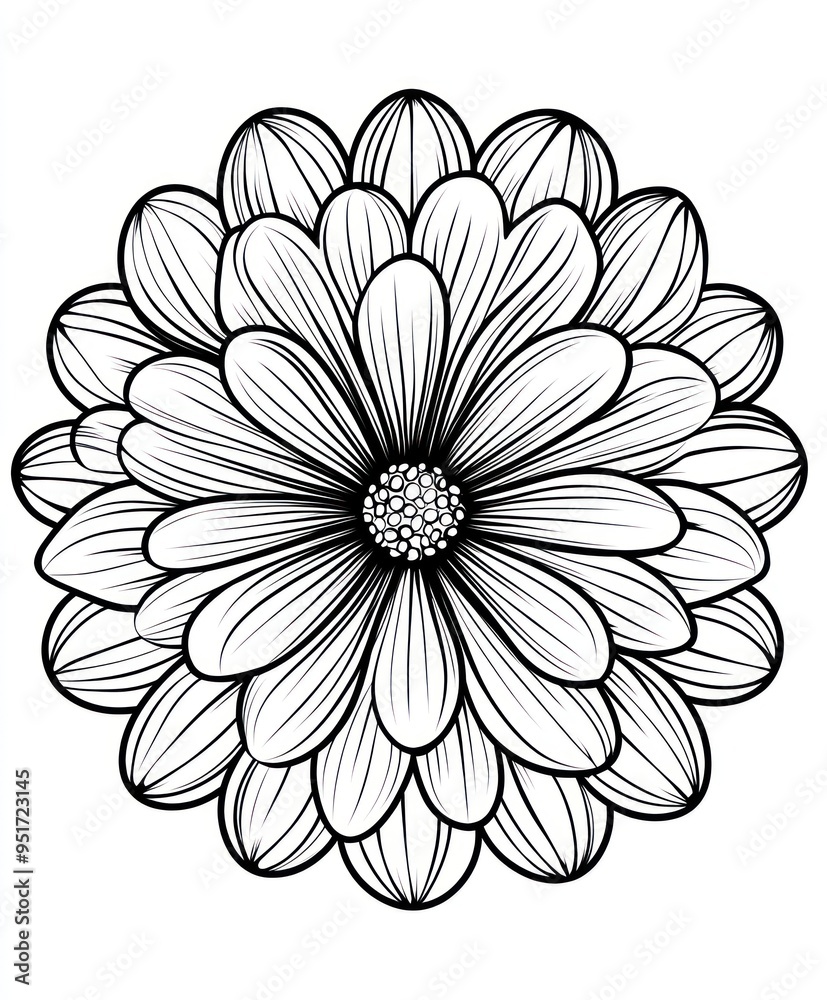 Poster A detailed black and white illustration of a flower with layered petals.