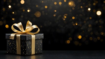 A sleek banner showcasing a luxurious gift box wrapped in a golden ribbon, set against a black background with shimmering glitter. The elegant and festive design is ideal for a Black Friday sale, with