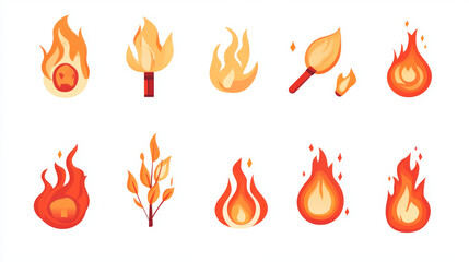 Set of red fire flat icons and pictograms, isolated on a white background, ideal for danger concepts or logo design.