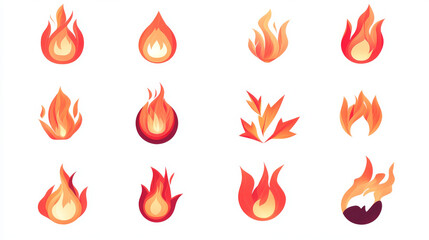 Set of red fire flat icons and pictograms, isolated on a white background, ideal for danger concepts or logo design.