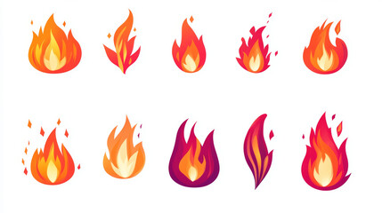 Set of red fire flat icons and pictograms, isolated on a white background, ideal for danger concepts or logo design.