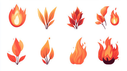 Set of red fire flat icons and pictograms, isolated on a white background, ideal for danger concepts or logo design.