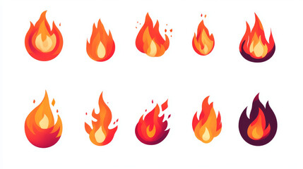 Set of red fire flat icons and pictograms, isolated on a white background, ideal for danger concepts or logo design.