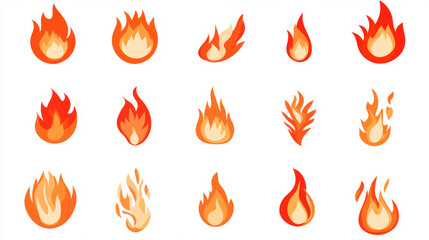 Set of red fire flat icons and pictograms, isolated on a white background, ideal for danger concepts or logo design.