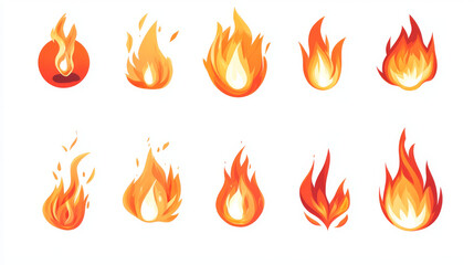 Set of red fire flat icons and pictograms, isolated on a white background, ideal for danger concepts or logo design.