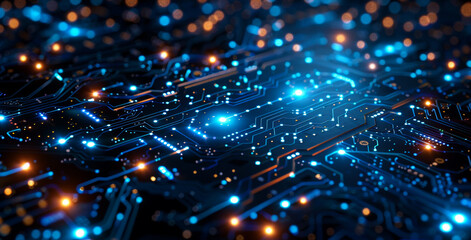 Obraz premium Vibrant blue and orange circuit board with glowing lights at night. This close-up view showcases a glowing circuit board illuminated by blue and orange lights