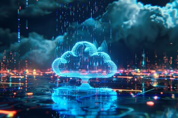 Obraz premium Futuristic cloud computing, digital network, blue neon lights, high-tech, abstract, 3D rendering 