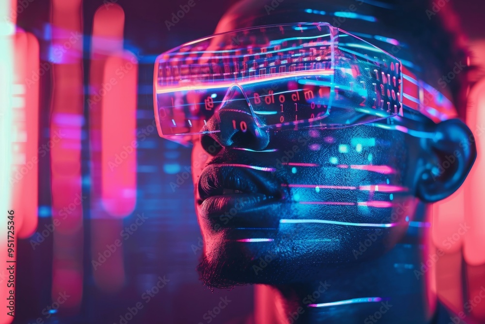 Poster software developer wearing vr glasses working with futuristic code interface in augmented reality