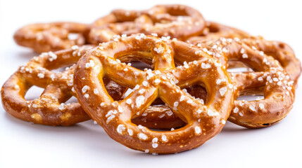 Salty pretzels, isolated against a white background.