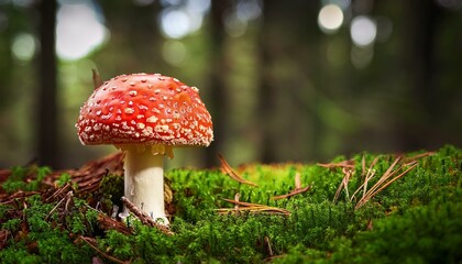 Fly agaric amanita in green forest close up, red toadstool