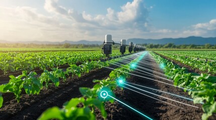 Modern farm with smart irrigation systems and automated sprinklers