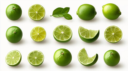 A set of limes, isolated against a white background.