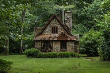 Fototapeta premium Quaint stone cottage nestled in a tranquil forest setting, smoke rising from its chimney