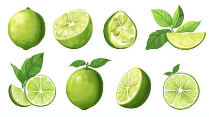 A set of limes, isolated against a white background.