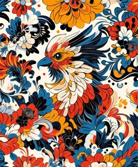 Obraz premium A vibrant illustration featuring a stylized bird among colorful floral patterns.