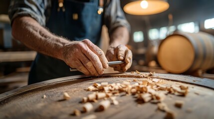 A Cooper's Hands Fitting Metal Hoops Around Wooden Staves to Form a Barrel