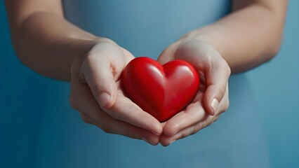 Two hands gently cradle a bright red heart against a soft blue background, creating a striking contrast that symbolizes love, care, and tranquility. The image conveys warmth and affection, reflecting 