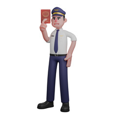 Professional 3D Pilot. A pilot is standing with his left hand on his waist while his right hand is holding a passport. Male Aviation Expert