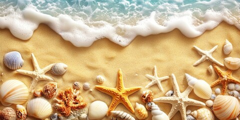 Tropical Paradise Abstract: Vibrant Summer Beach Vacation Concept. Minimalist Ocean and Sky Design with Elegant Sand and Shell Textures. Versatile Marketing Background for Leisure and Holiday Promotio