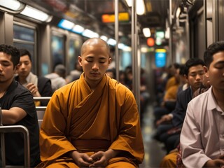 "Subway Silence: A Monk’s Journey to Inner Peace Amidst the Urban Commute, Finding Solitude and Stillness in the Heart of the City’s Busy Subway Car"