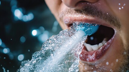 Fototapeta premium Close-up of a Man Rinsing His Mouth with a Water Flosser