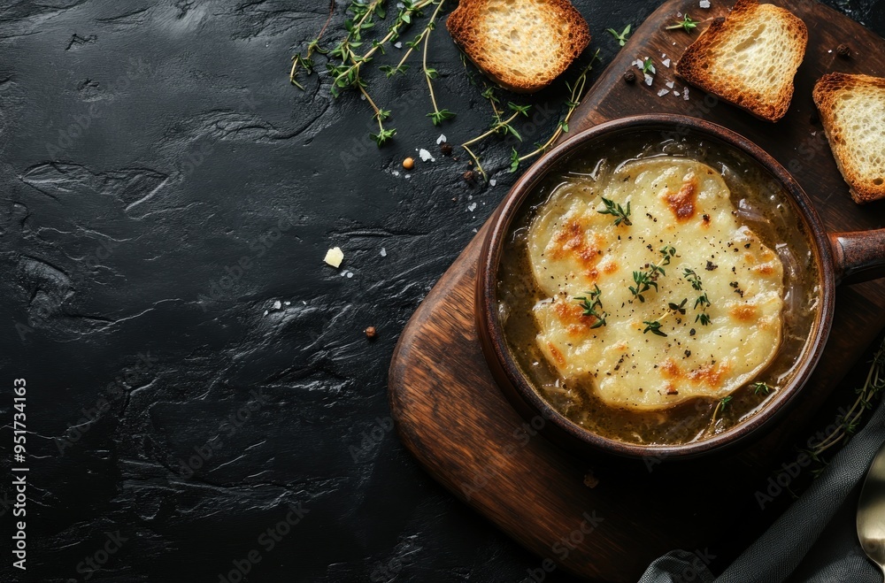 Sticker French Onion Soup with Toasted Bread and Gruyere Cheese