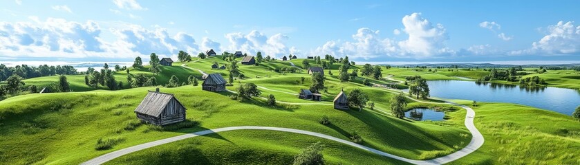Obraz premium Traditional rural village scene with winding roads, rustic charm, timeless countryside life
