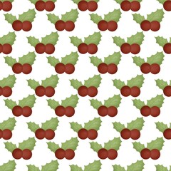 Christmas cherry with leaf, seamless pattern illustration .