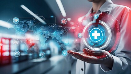 Global medical care connected by advanced digital technology.