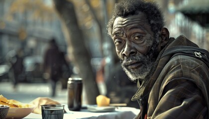 Positive Black Homeless Man Sitting at Table After Lunch, Surrounded by Others