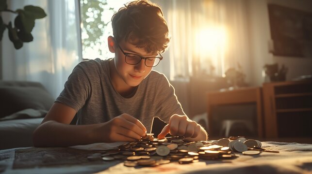 a teenager counting money (coins) - Powered by Adobe