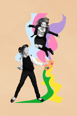 Vertical photo collage of two happy schoolgirls classmates art subject lesson education palette paint isolated on painted background