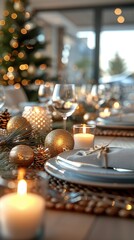 A beautifully set Christmas table adorned with elegant decorations, candles, and festive ornaments, perfect for holiday gatherings.