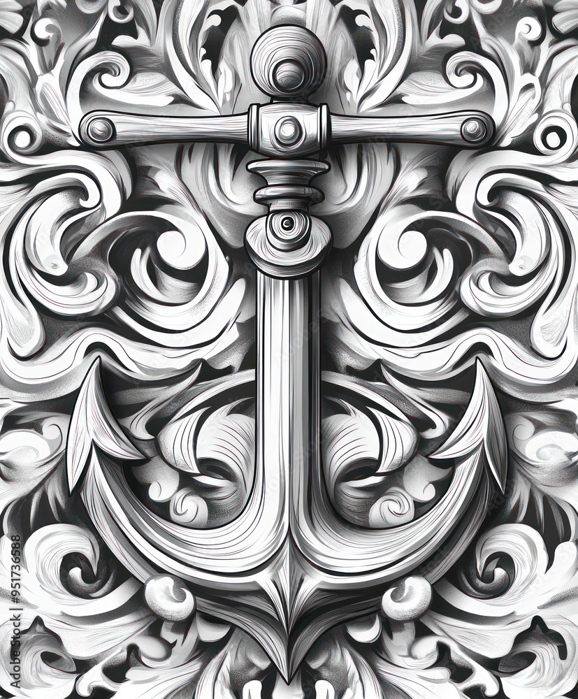 Sticker A decorative anchor design surrounded by intricate floral patterns in grayscale.