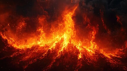 A large fire burns fiercely against the night sky, red-hot flames reaching high, creating a mesmerizing fiery spectacle.