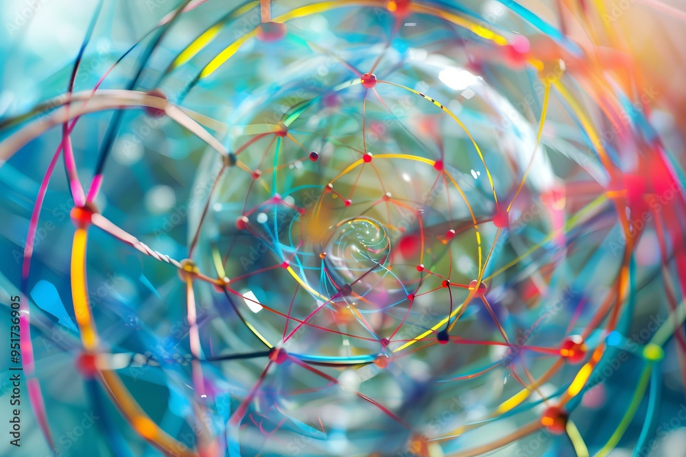 Poster abstract colorful network structure rotating on turquoise background with depth of field