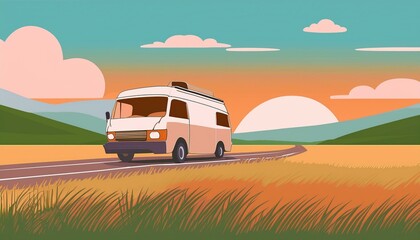 湯型の草原を走るバンライフ中の車