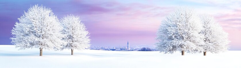 Snow-covered trees during twilight, the sky painted with deep purples and blues, tranquil winter dusk