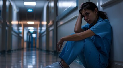 Emotional Portrait of a Worried Female Nurse Sitting on the Hospital Corridor Floor, Highlighting the Hard Work and Fatigue of Medical Staff