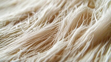 Close-up of a fluffy, white, fibrous texture. It appears to be a natural material, like cotton or wool. The texture is soft and inviting.