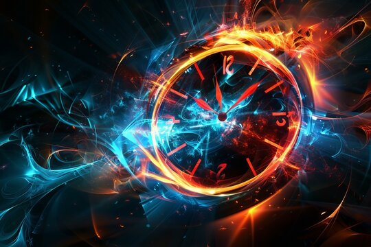 Abstract clock face exploding with light trails moving through time and space