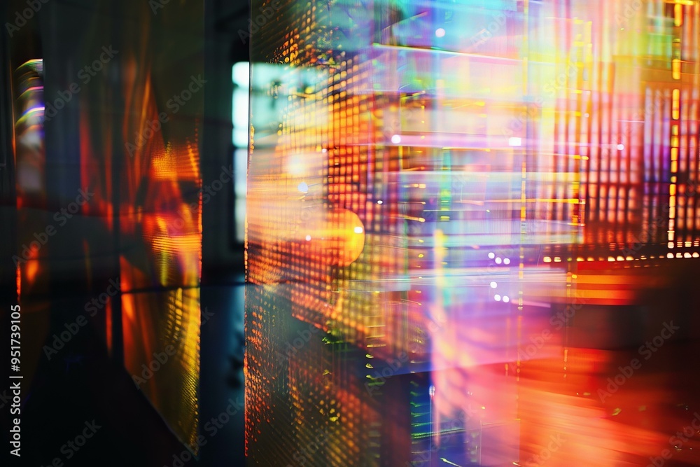 Poster abstract image of data flowing and reflecting across server racks in a data center