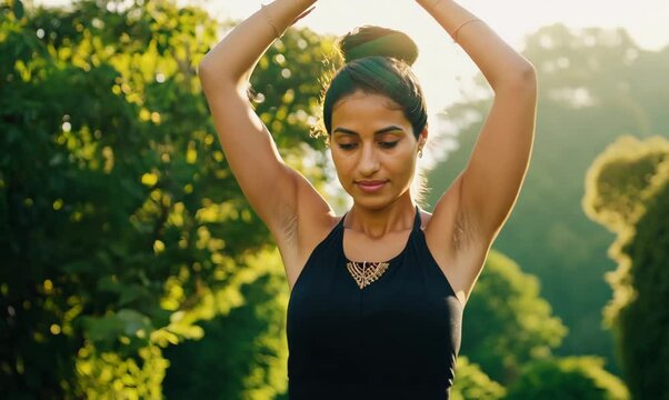 Algerian Woman Training in Nature with Headphones