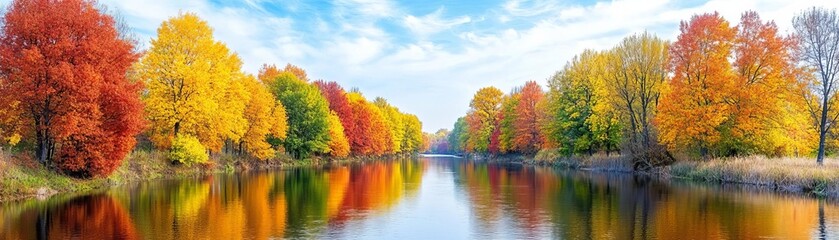 Fototapeta premium Vibrant autumn trees lining a tranquil river, colorful foliage reflecting in the water, a picturesque seasonal scene