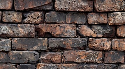 Naklejka premium Close-up of a brick wall, revealing the rough and weathered texture of the bricks. The image emphasizes the durability and timelessness of the construction material.